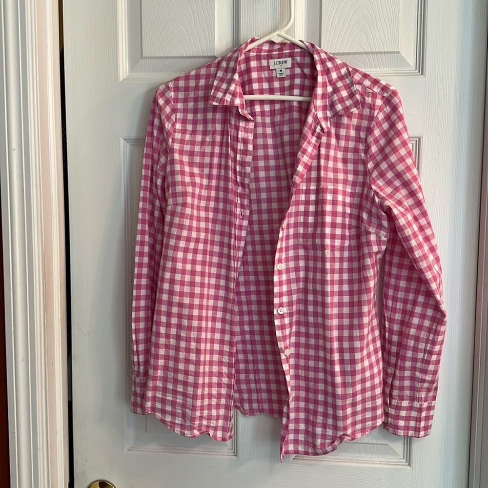 JCrew pink and white checkered long sleeve, button-down shirt, size medium